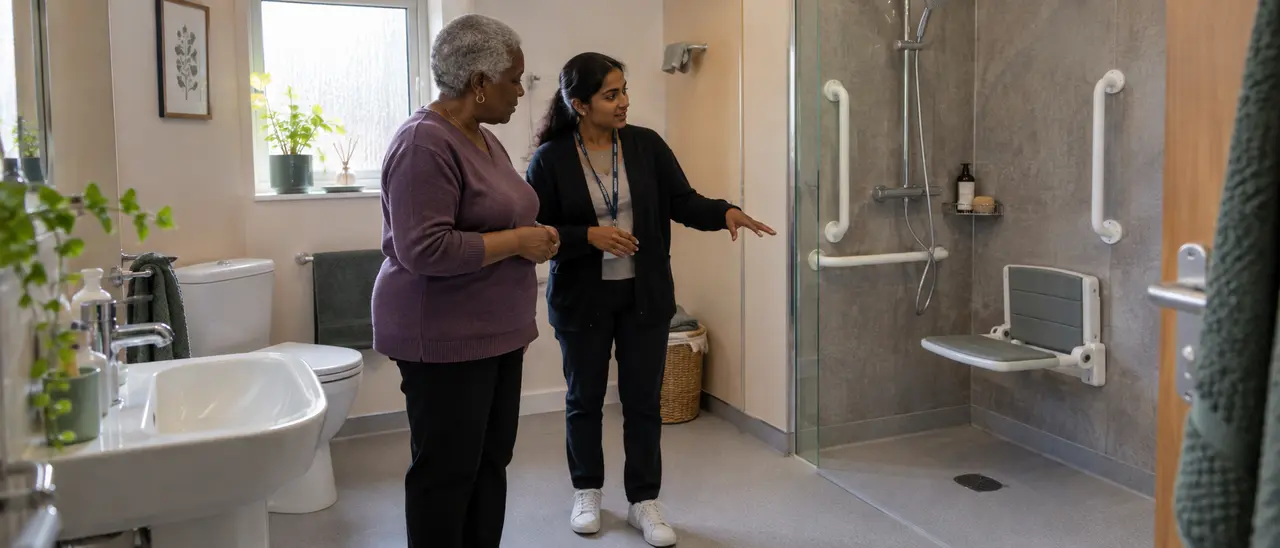 Older woman discussing an accessible shower with an occupational therapist