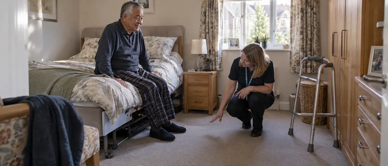 Older man and occupational therapist checking space beside an adjustable bed