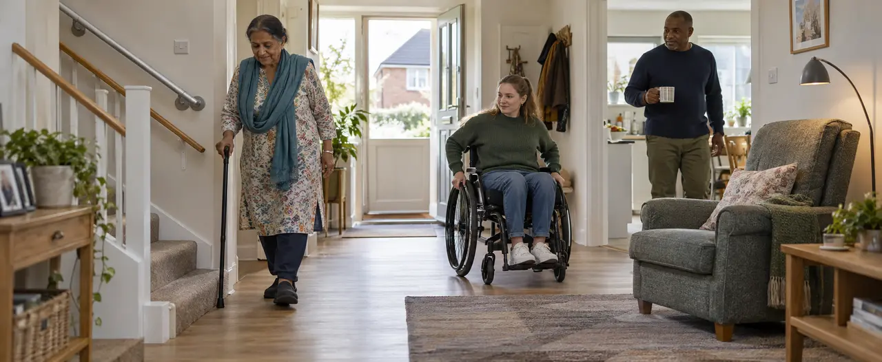 People of different ages and mobility needs using an adapted British home