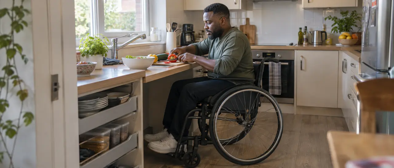 Manual wheelchair user preparing food at a lowered kitchen work surface