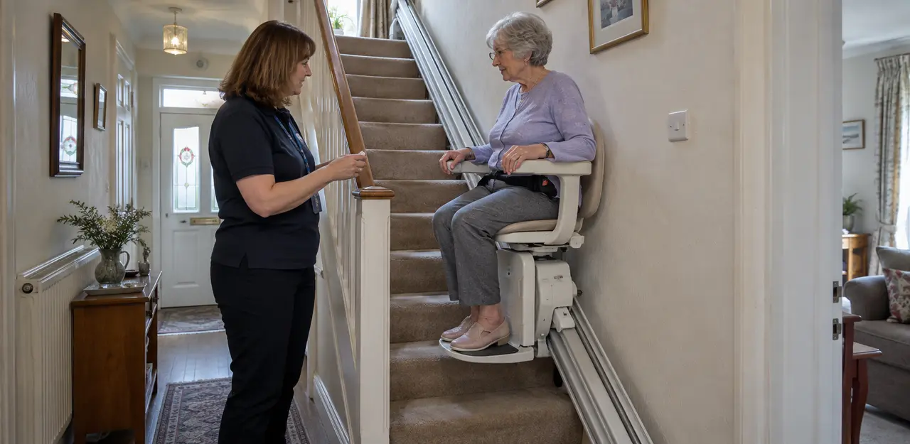 Older woman trying a stairlift in an ordinary British hallway